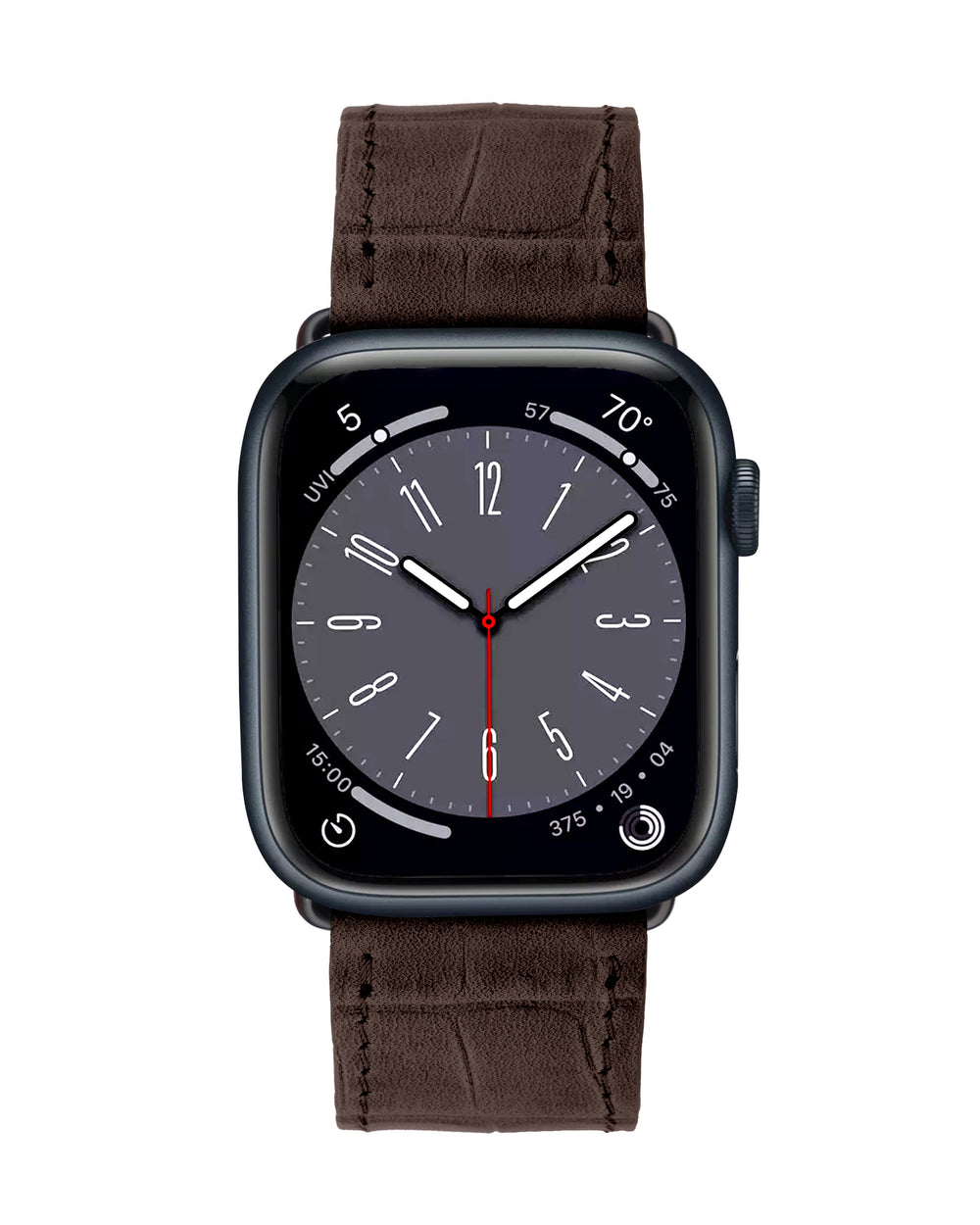 Apple Watch strap made of calfskin, embossed to resemble crocodile in dark brown color