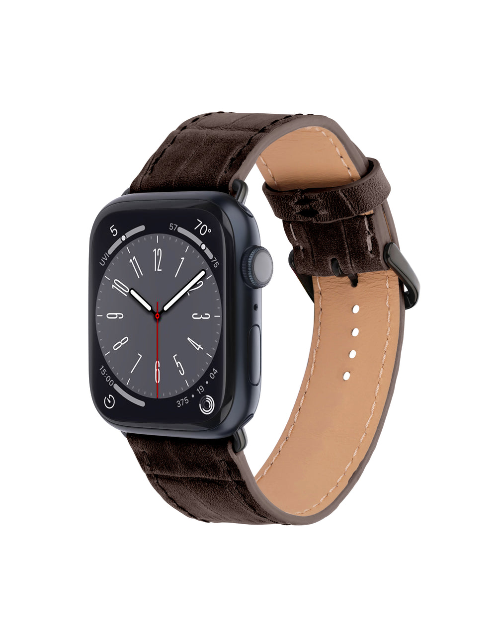 Apple Watch strap made of calfskin, embossed to resemble crocodile in dark brown color
