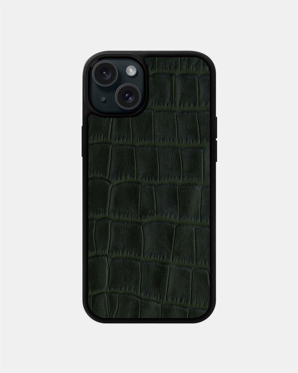Dark green crocodile embossing calfskin case for iPhone 15