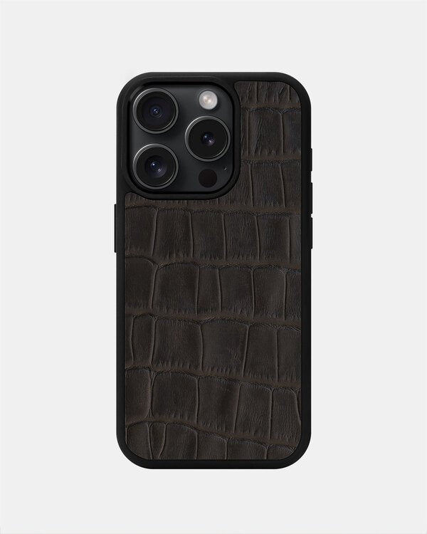 Dark brown crocodile embossing calfskin case for iPhone 15 Pro