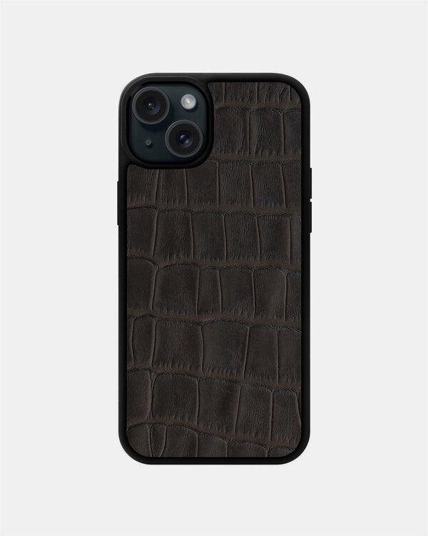 Dark brown crocodile embossing calfskin case for iPhone 15