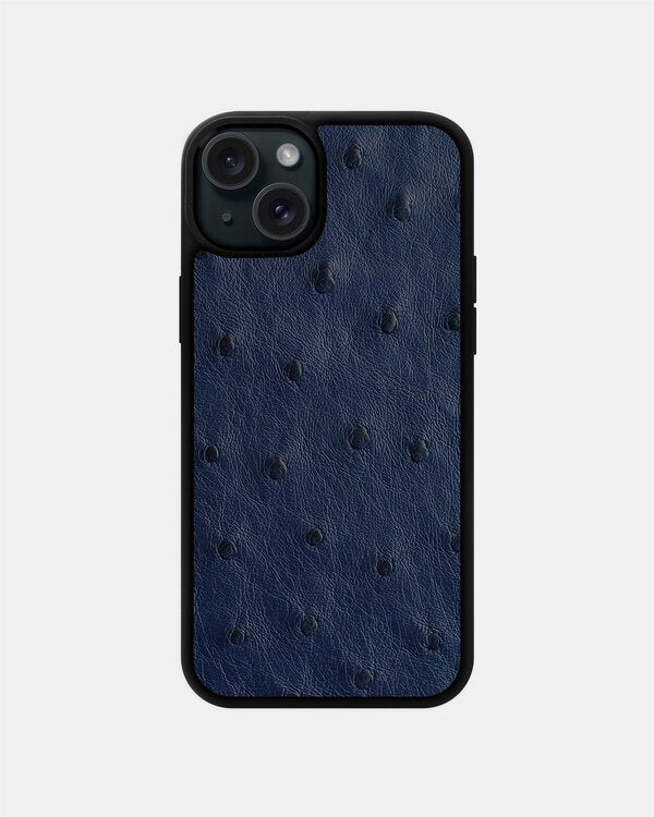 Чехол из тёмно-синей кожи страуса с фолликулами для iPhone 15