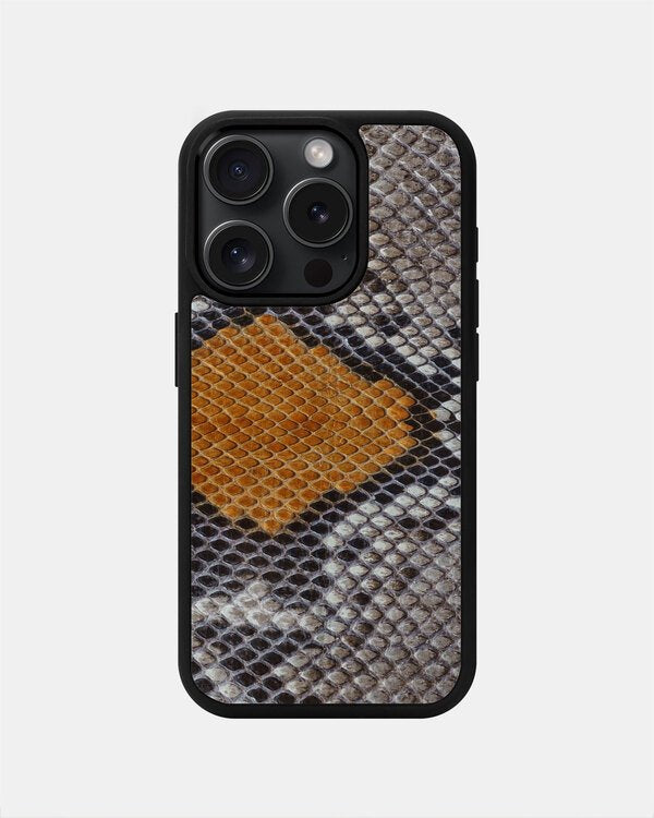 Case made of gray-yellow python leather with small scales for iPhone 15 Pro