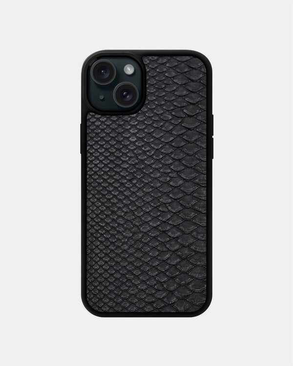 Black small scale python leather case for iPhone 15