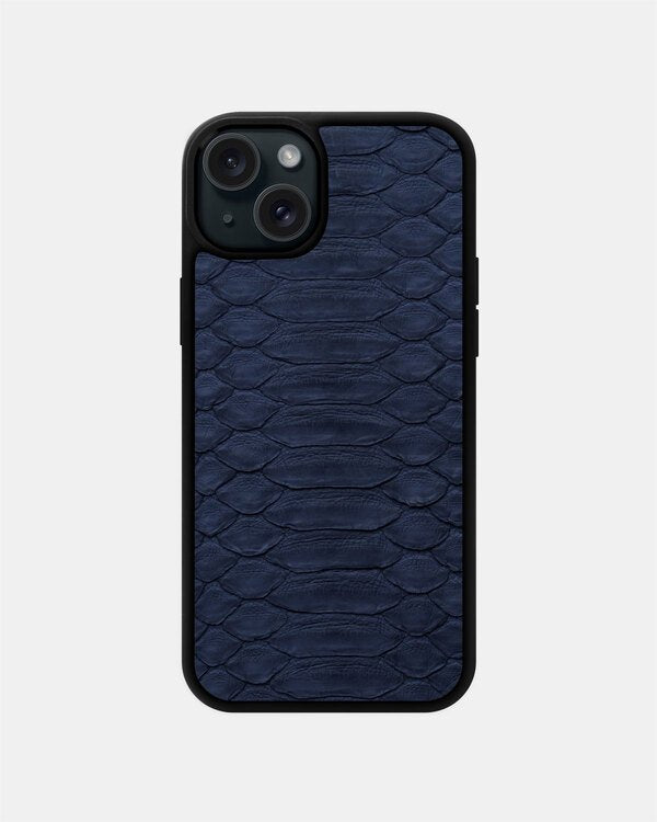 Dark blue python leather case with large scales for iPhone 15