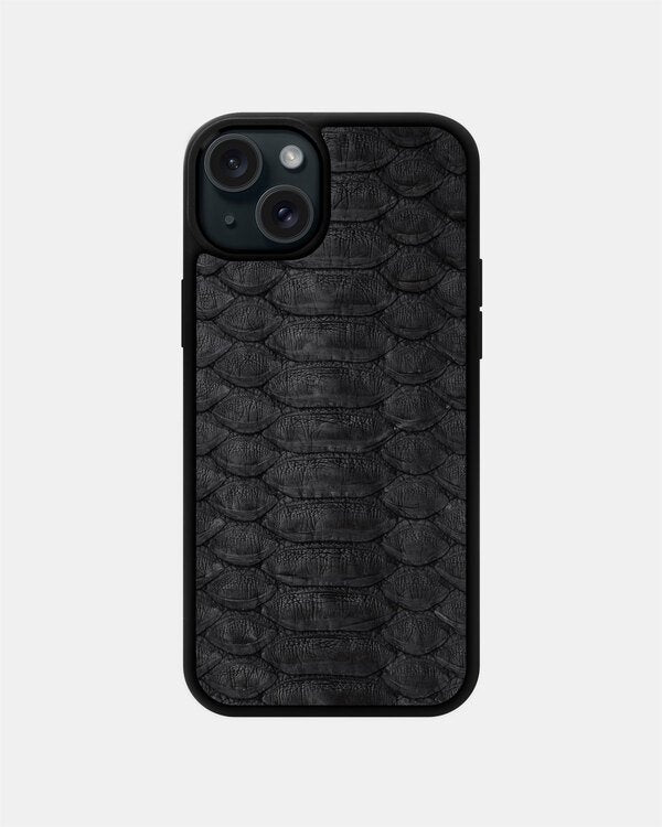 Black python leather case with large scales for iPhone 15