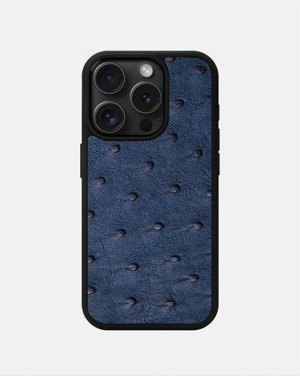 Dark blue ostrich leather follicle case for iPhone 15 Pro