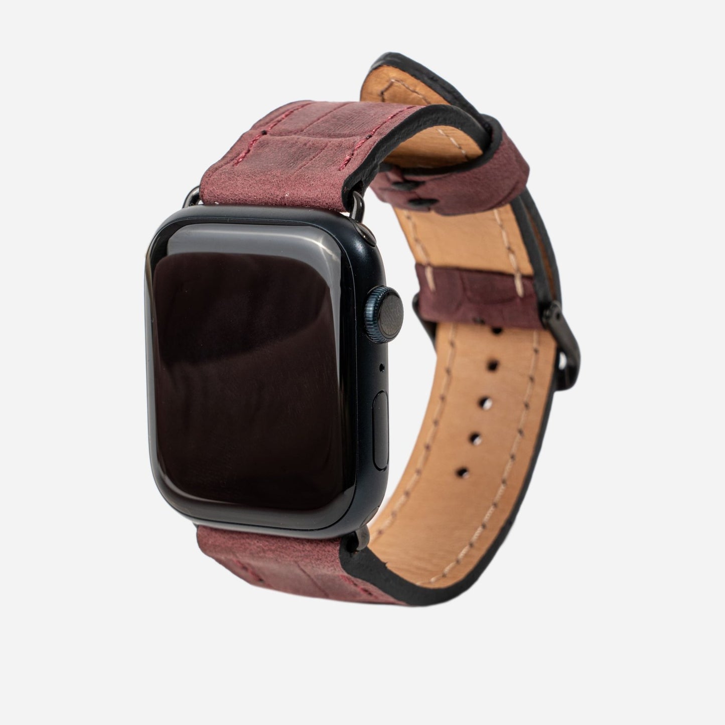 Strap for Apple Watch made of calf leather, embossed with crocodile pattern in burgundy color