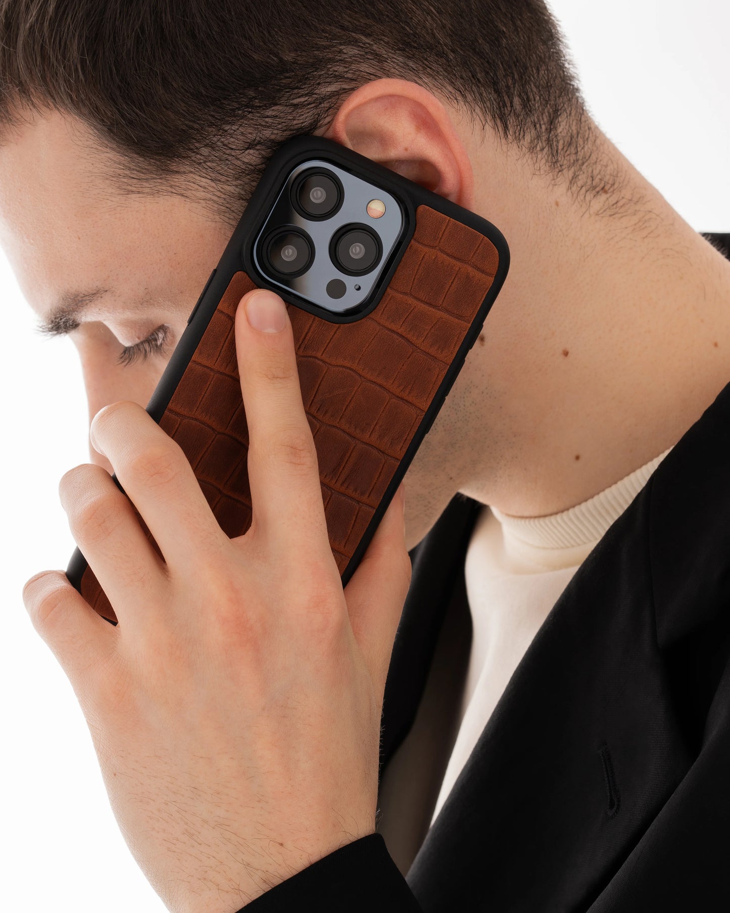 Case with red crocodile embossing on calfskin leather for iPhone 16 Pro Max