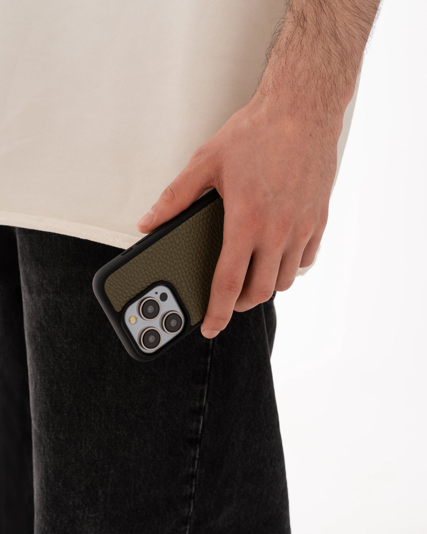 Green calfskin float leather case for iPhone 16 Plus