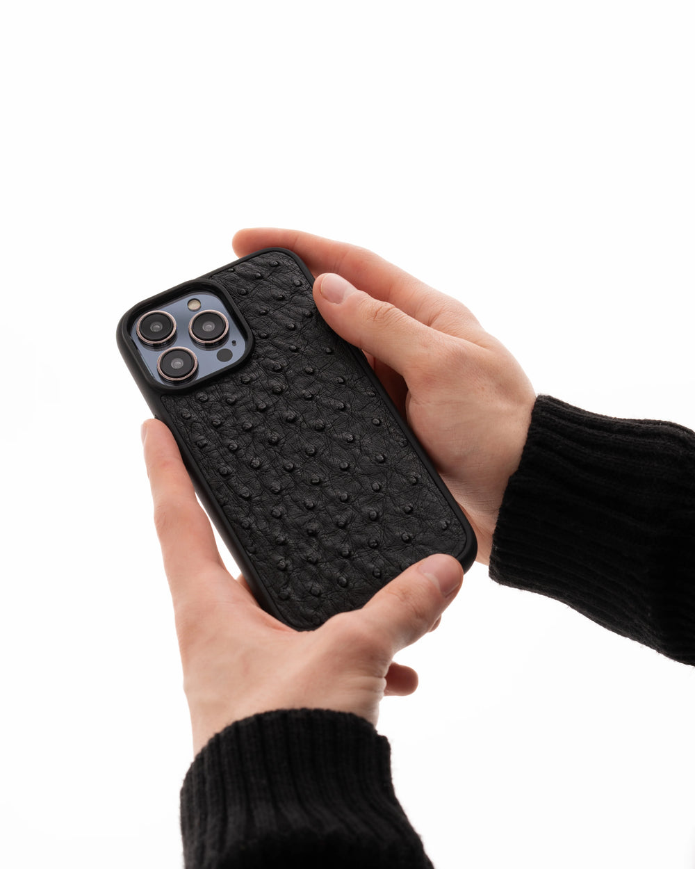 Black ostrich leather case with follicles for iPhone 14 Pro