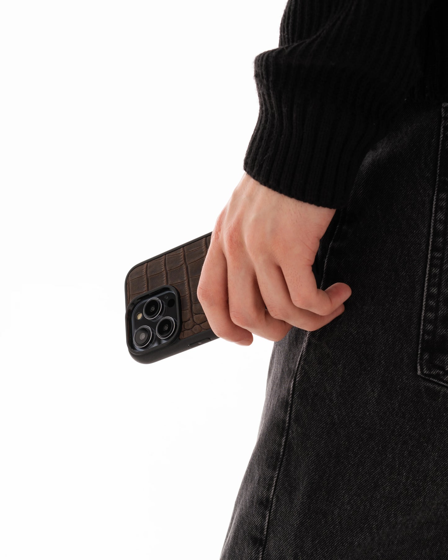 Dark brown crocodile embossing calfskin case for iPhone 16 Pro Max