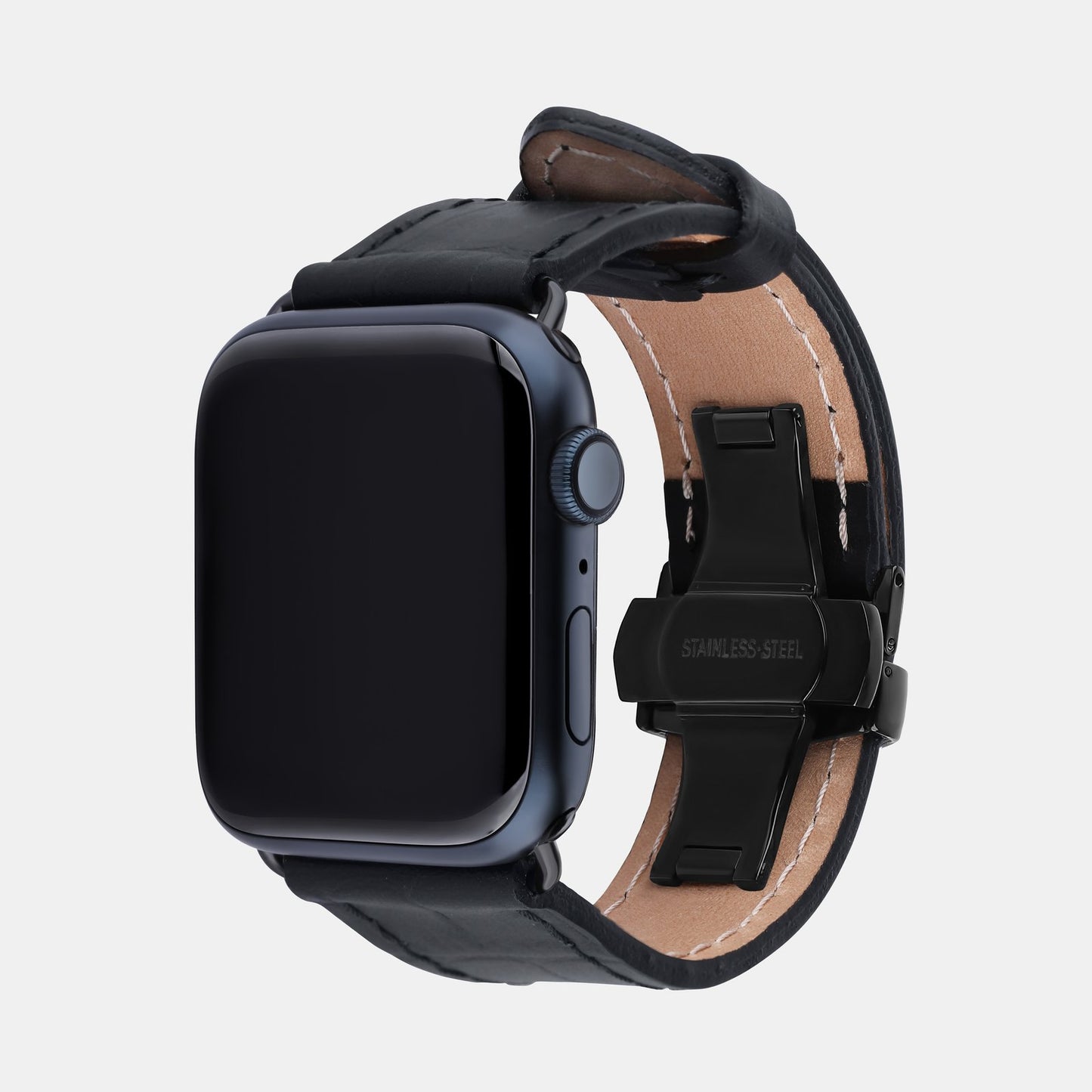Apple Watch strap made of calfskin, embossed to resemble crocodile in black color