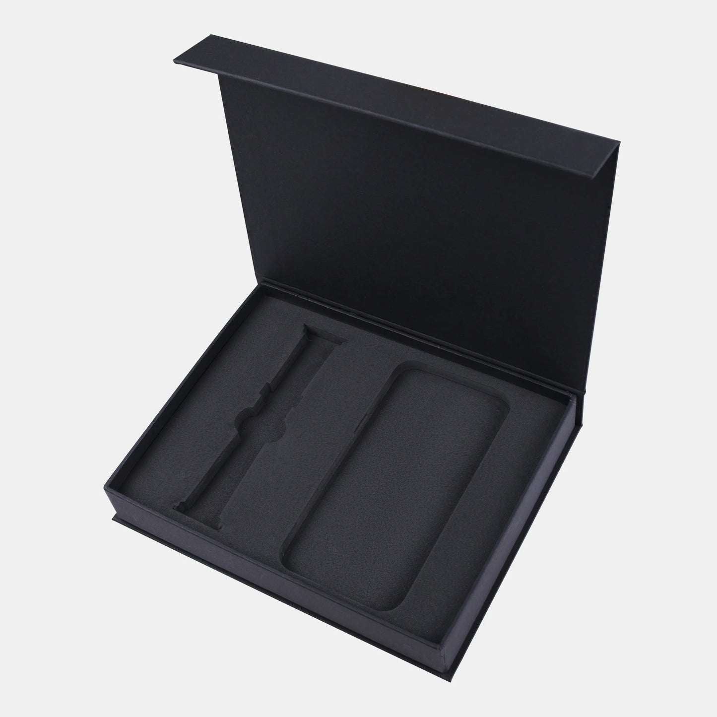 Set of black calf leather flotar, case for iPhone and Apple Watch strap