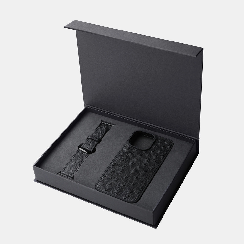 Black ostrich leather set, iPhone case and Apple Watch strap