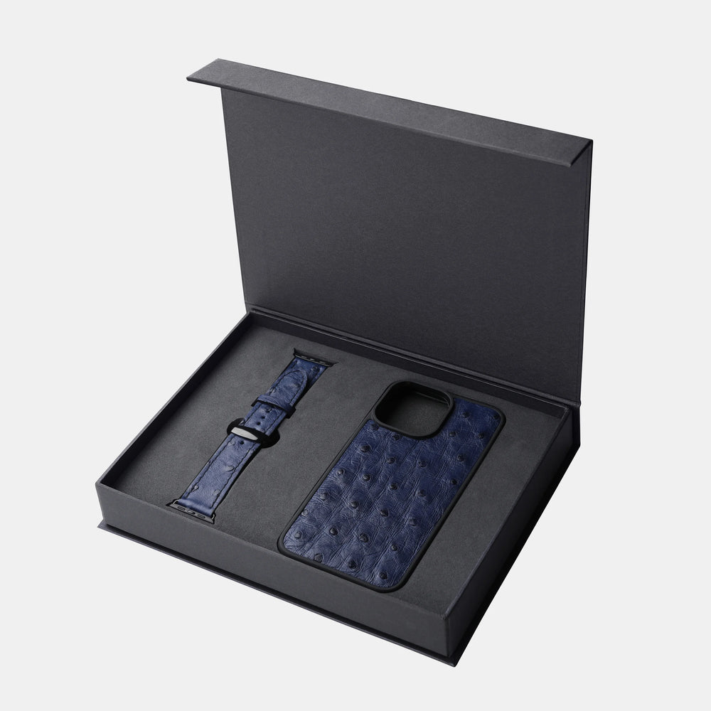 Blue ostrich leather set, iPhone case and Apple Watch strap