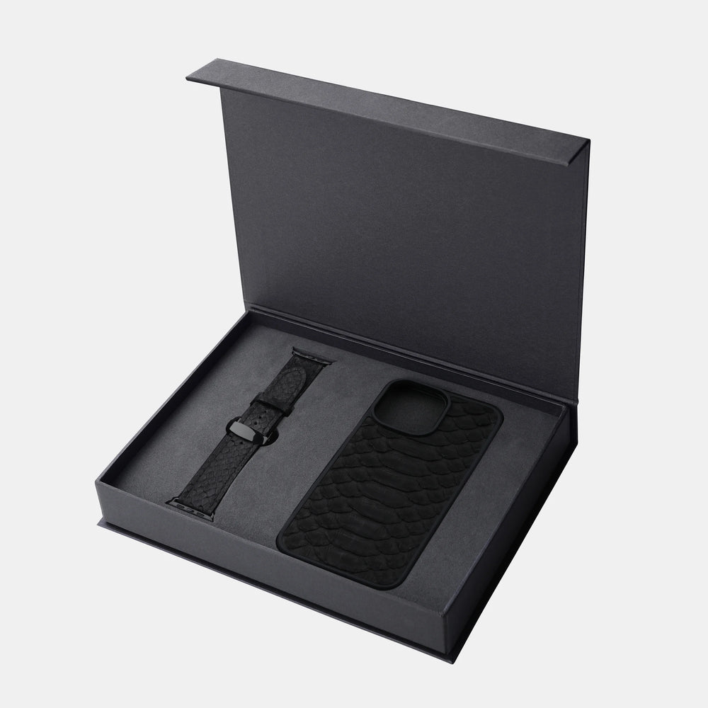 Set of black python leather with wide scales, case for iPhone and strap for Apple Watch