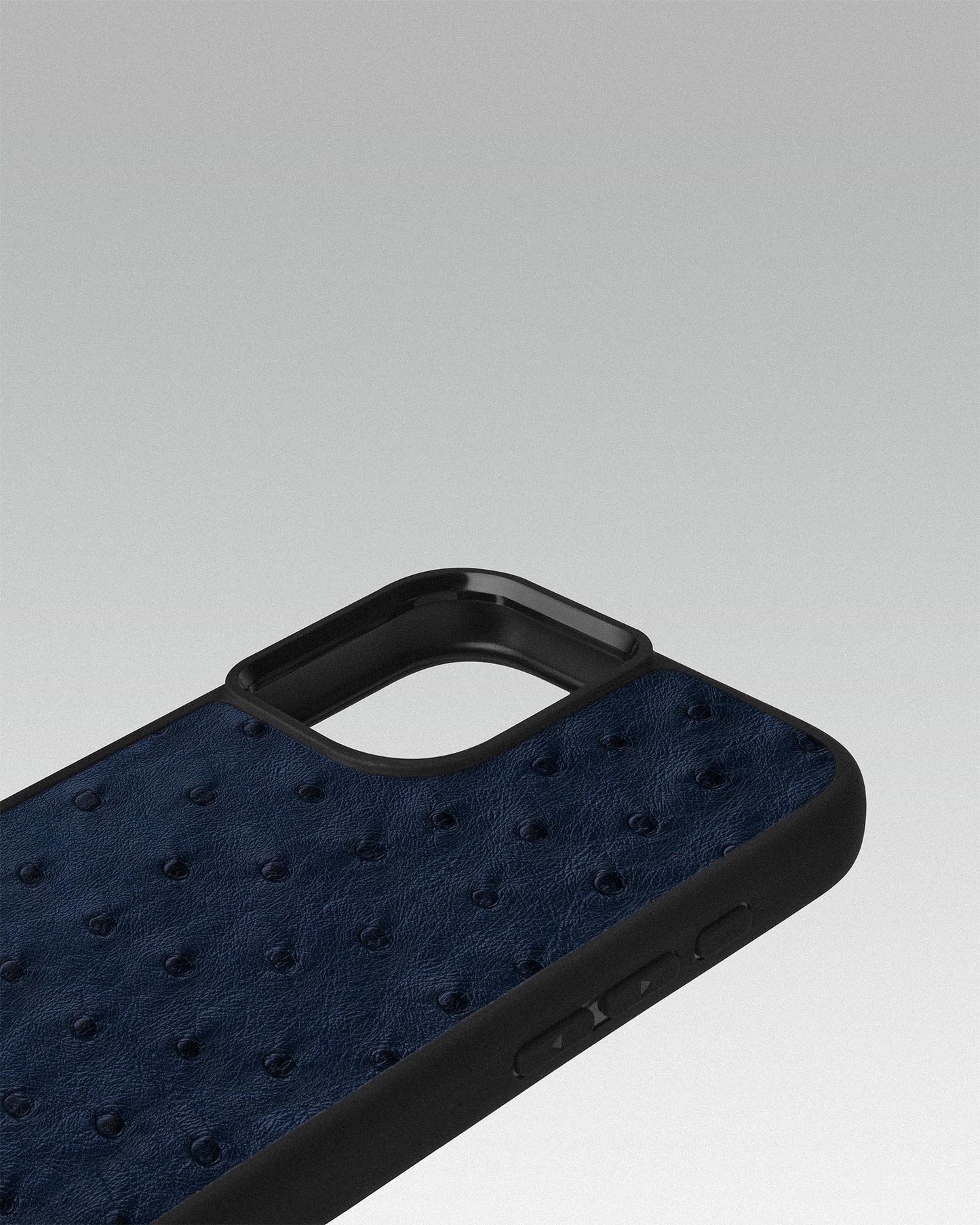 Dark blue ostrich leather follicle case for iPhone 16