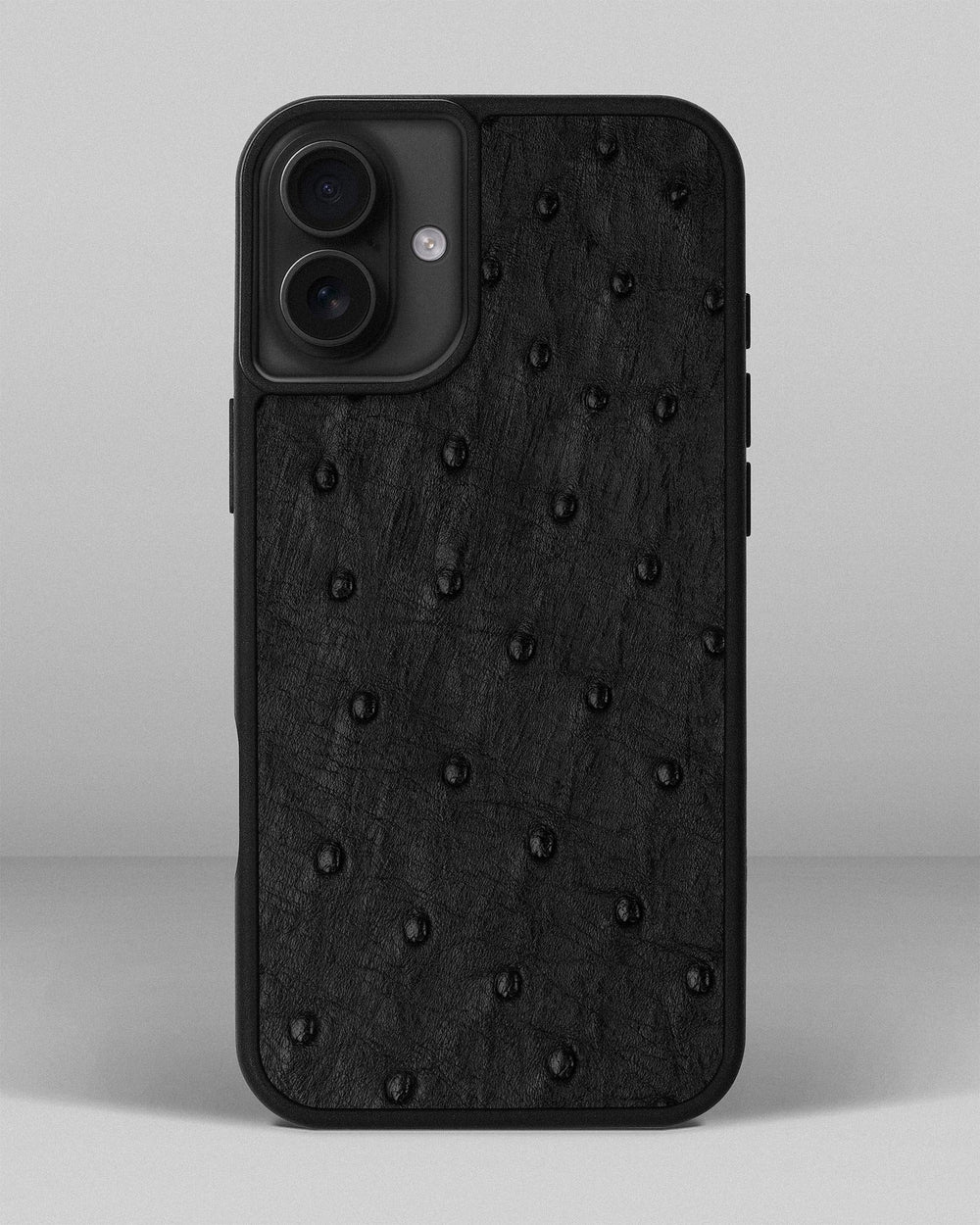 Black ostrich leather case with follicles for iPhone 16 Plus