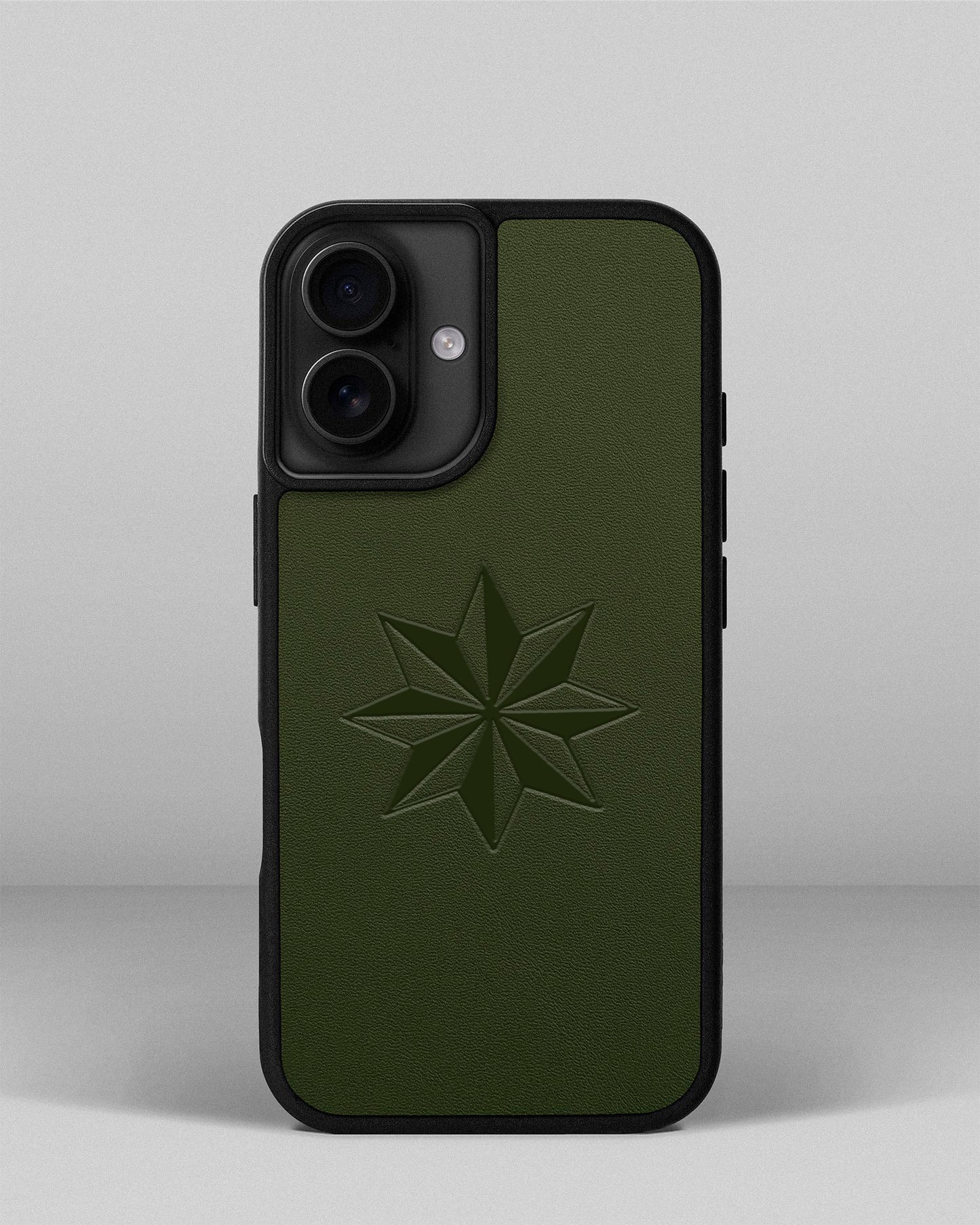 Leather case for iPhone 16 with a coupon in green color with Wind Rose embossing