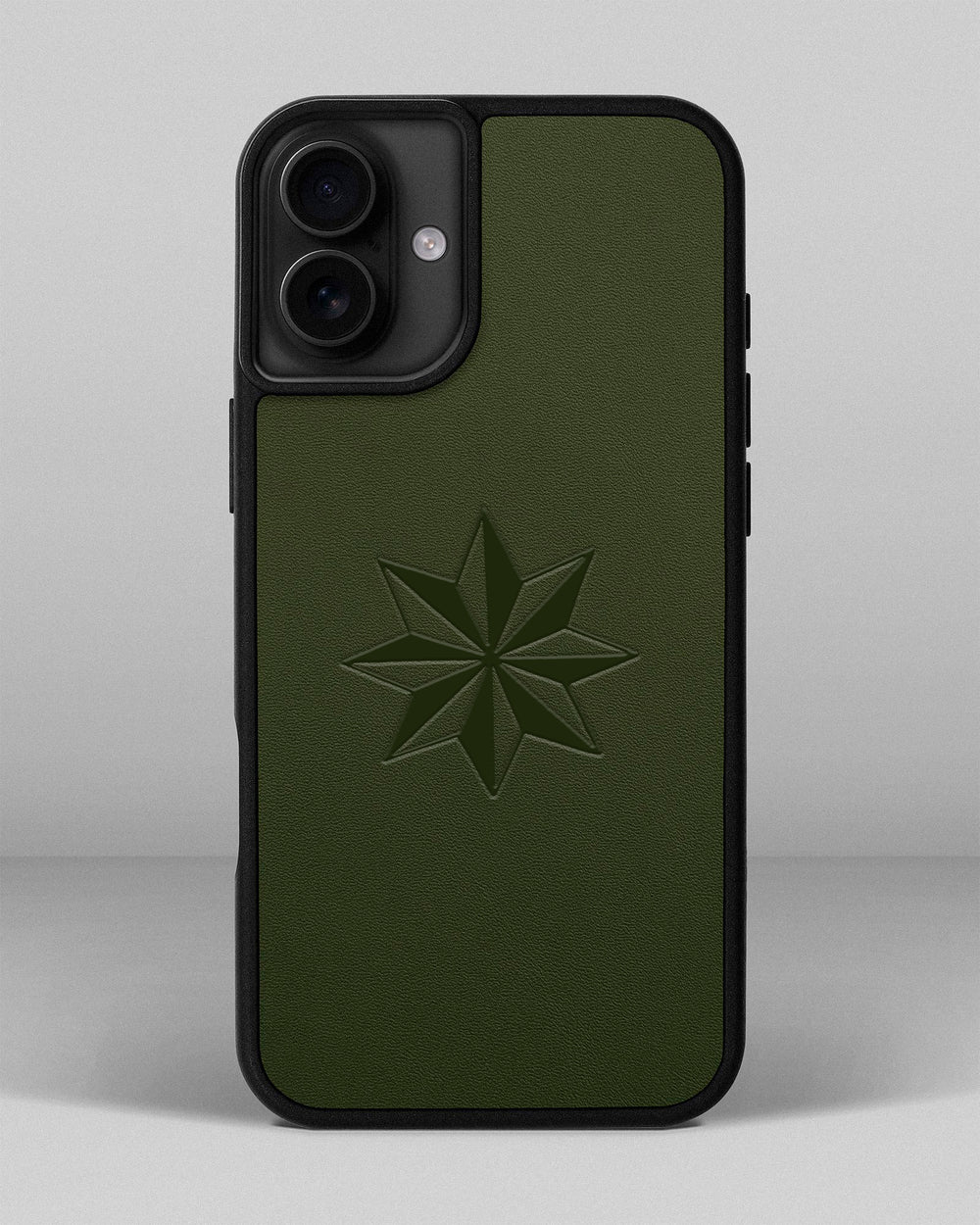 Leather case for iPhone 15 Plus coupon in green color with Wind Rose embossing