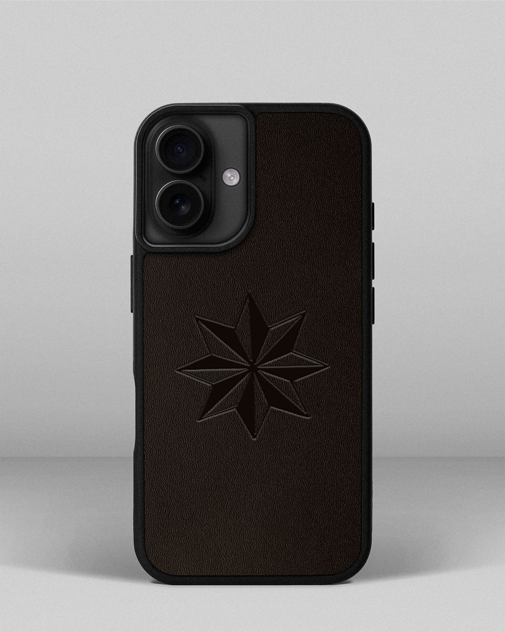 Case for iPhone 16 in dark brown color with Wind Rose embossing