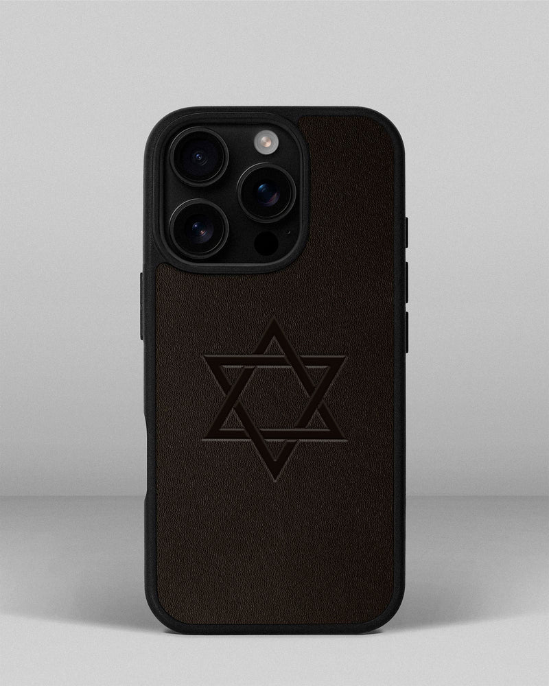 Leather case for iPhone 16 Pro with a coupon in dark brown color with Star of David embossing