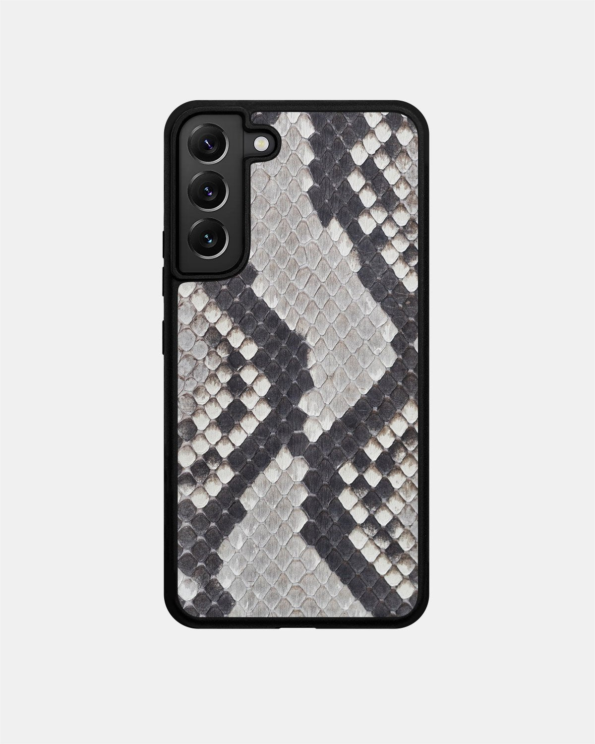 Case made of black and white python leather with small scales for Samsung S22