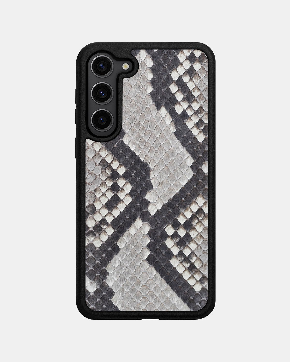 Case made of black and white python leather with small scales for Samsung S23 Plus