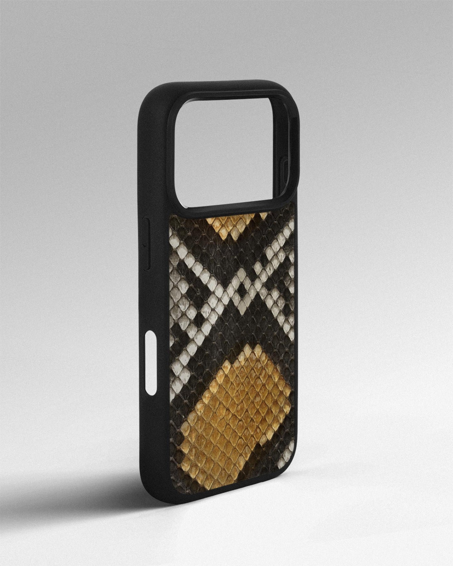 Gray-yellow python skin case with small scales for iPhone 17 Pro