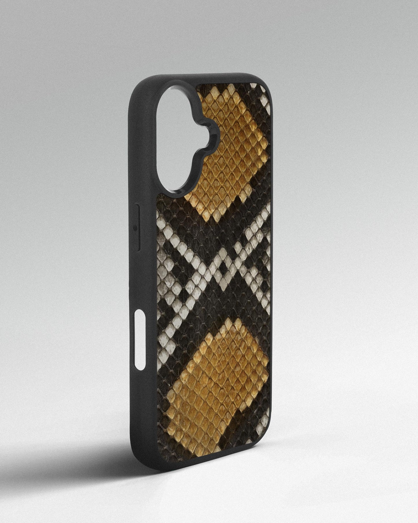Gray and yellow python skin case with small scales for iPhone 17