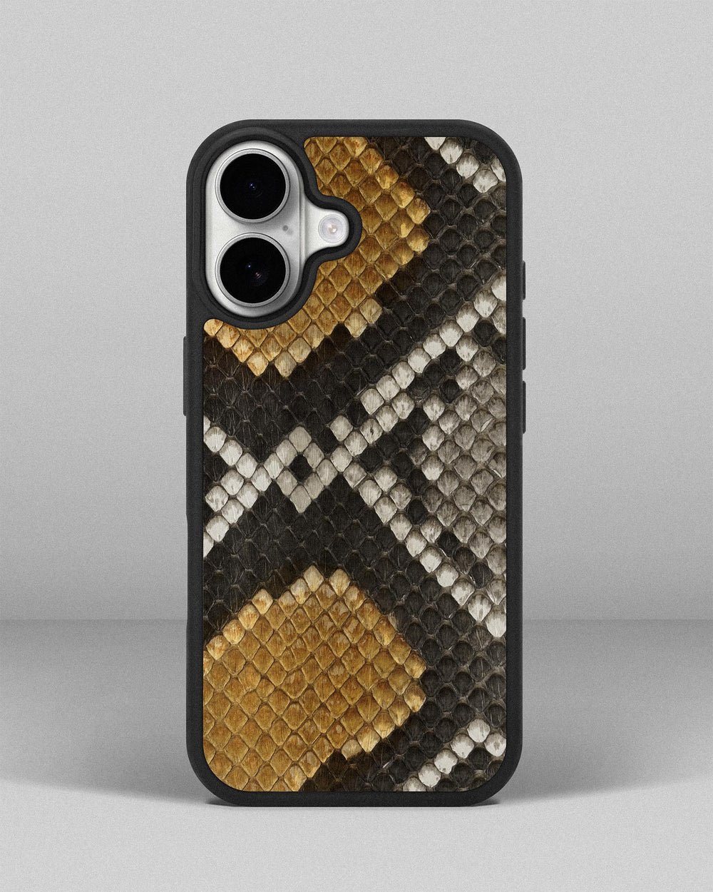 Gray and yellow python skin case with small scales for iPhone 17