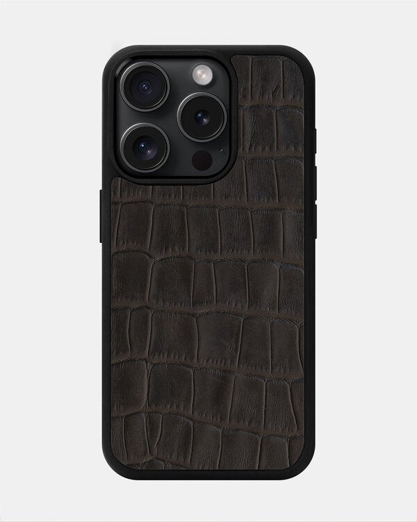 Dark brown crocodile embossing calfskin case for iPhone 15 Pro Max
