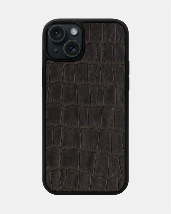 Dark brown crocodile embossing calfskin case for iPhone 15 Plus