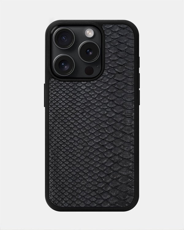 Black small scale python leather case for iPhone 15 Pro Max