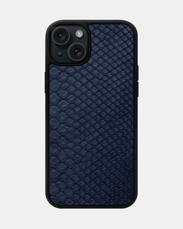 Dark blue small scale python leather case for iPhone 15 Plus