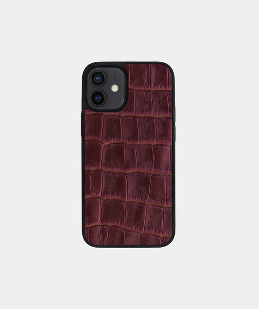 Чохол із бордового тиснення під крокодила на телячій шкірі для iPhone 12 Mini