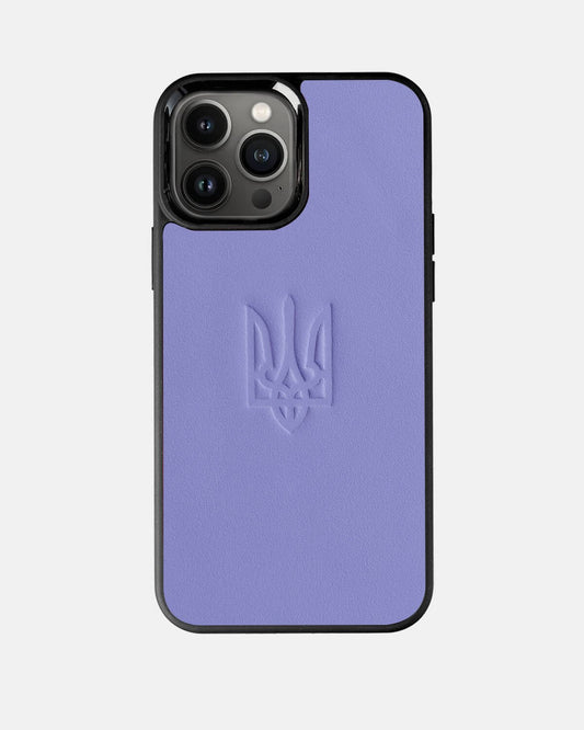 Чехол из лиловой телячьей кожи с тиснением Герба Украины для iPhone