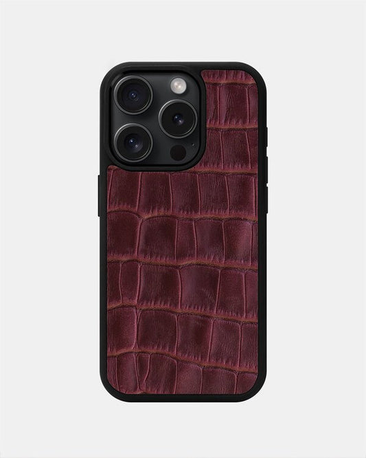 Чохол із бордового тиснення під крокодила на телячій шкірі для iPhone 15 Pro