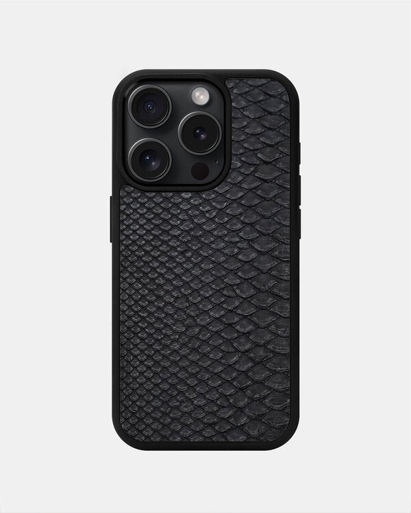 Чохол із чорної шкіри пітона з дрібними лусочками для iPhone 15 Pro