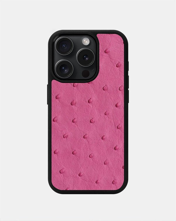 Чохол із яскраво-рожевої шкіри страуса з фолікулами для iPhone 15 Pro