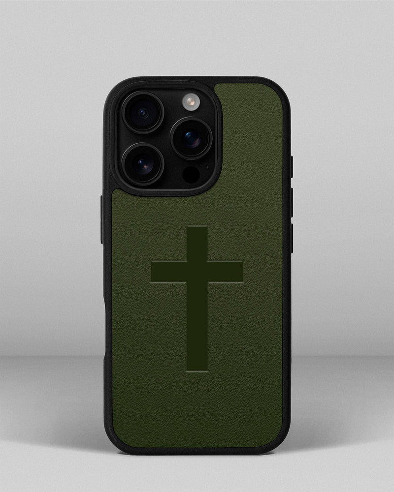 Чохол для iPhone 15 Pro із шкіри купон в зеленому кольорі з тисненням хреста