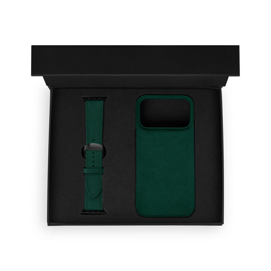 Набор из чёрной телячьей кожи флотар: чехол для iPhone и ремешок Apple Watch