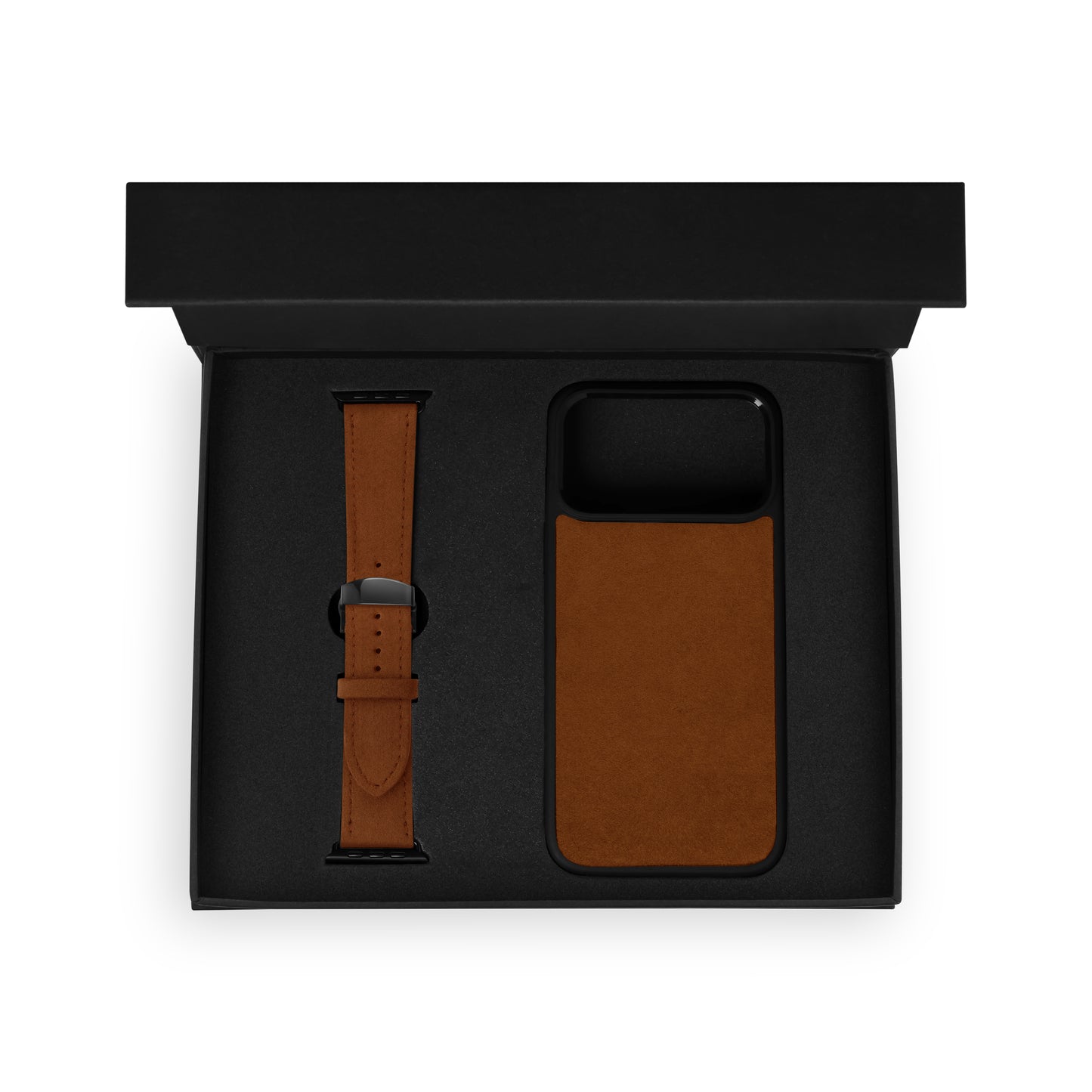 Набор из чёрной телячьей кожи флотар: чехол для iPhone и ремешок Apple Watch