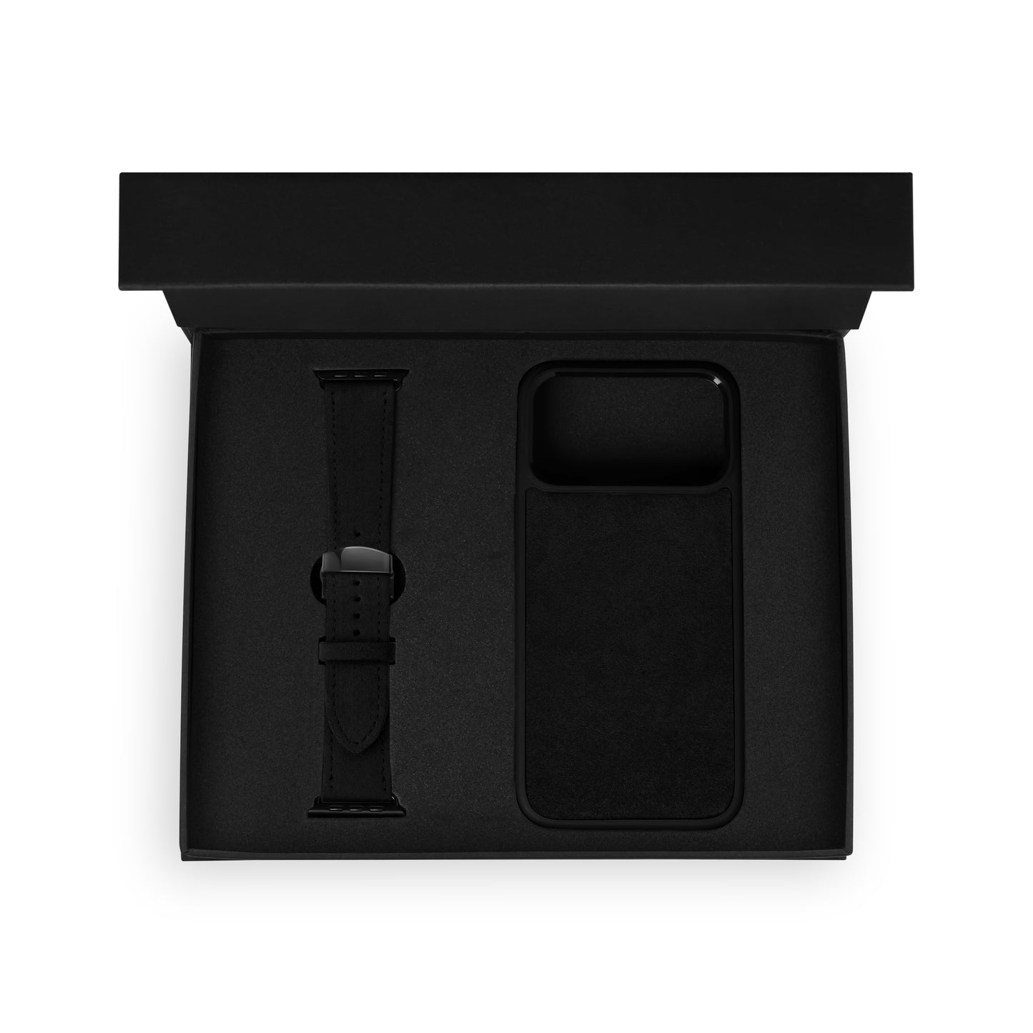 Set of black calf leather flotar, case for iPhone and Apple Watch strap