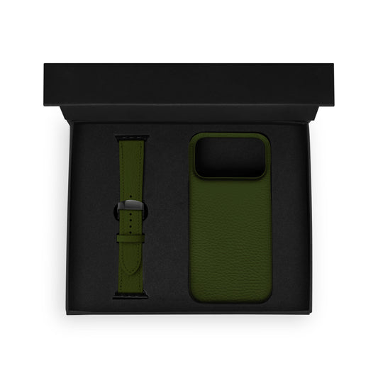 Набор из чёрной телячьей кожи флотар: чехол для iPhone и ремешок Apple Watch