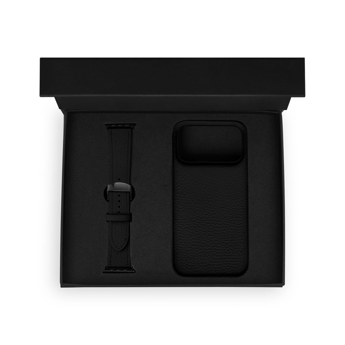 Set of black calf leather flotar, case for iPhone and Apple Watch strap