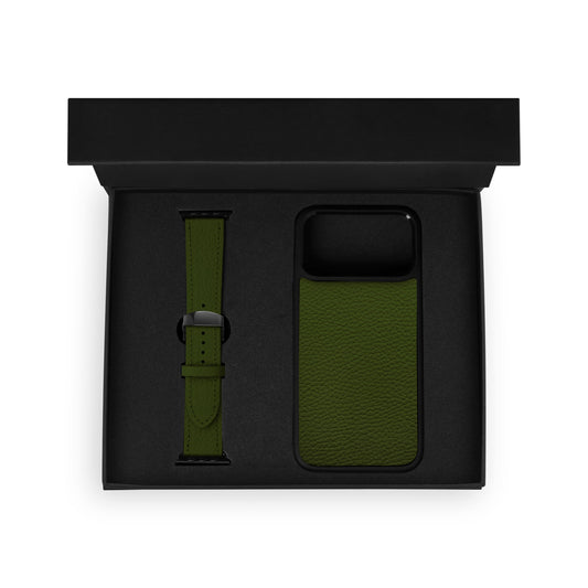 Набор из зелёной телячьей кожи флотар: чехол для iPhone и ремешок Apple Watch