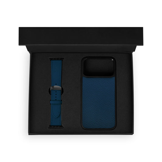 Набор из тёмно-синей телячьей кожи флотар: чехол для iPhone и ремешок Apple Watch