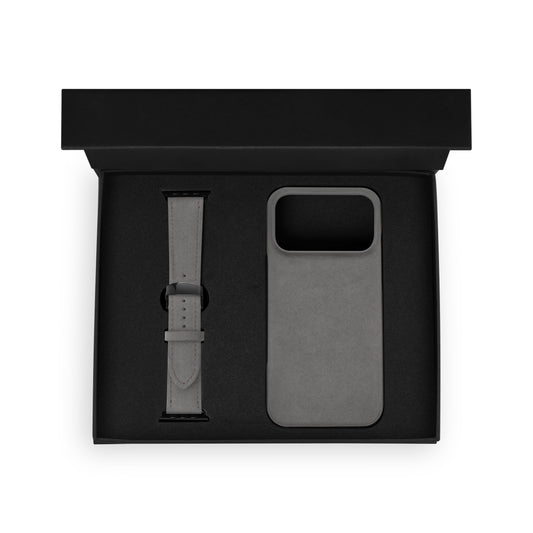 Набор из чёрной телячьей кожи флотар: чехол для iPhone и ремешок Apple Watch